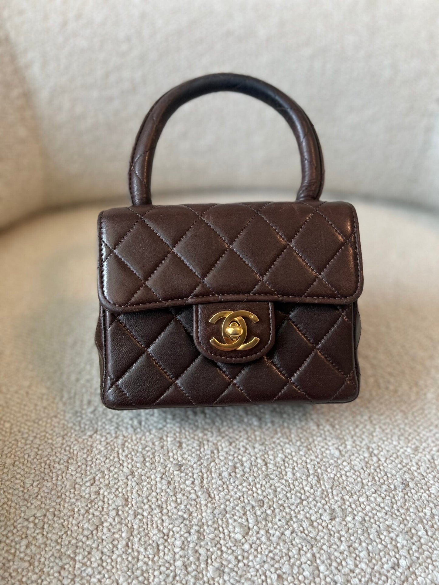 Vintage Brown Lambskin Quilted Micro Mini Kelly with Top Handle GHW