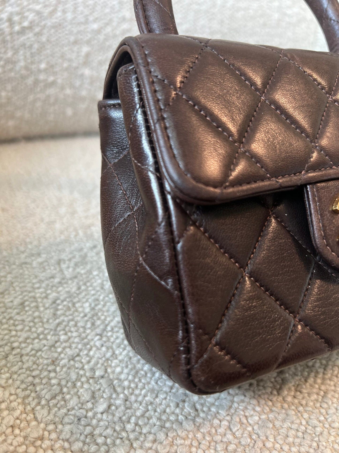 Vintage Brown Lambskin Quilted Micro Mini Kelly with Top Handle GHW