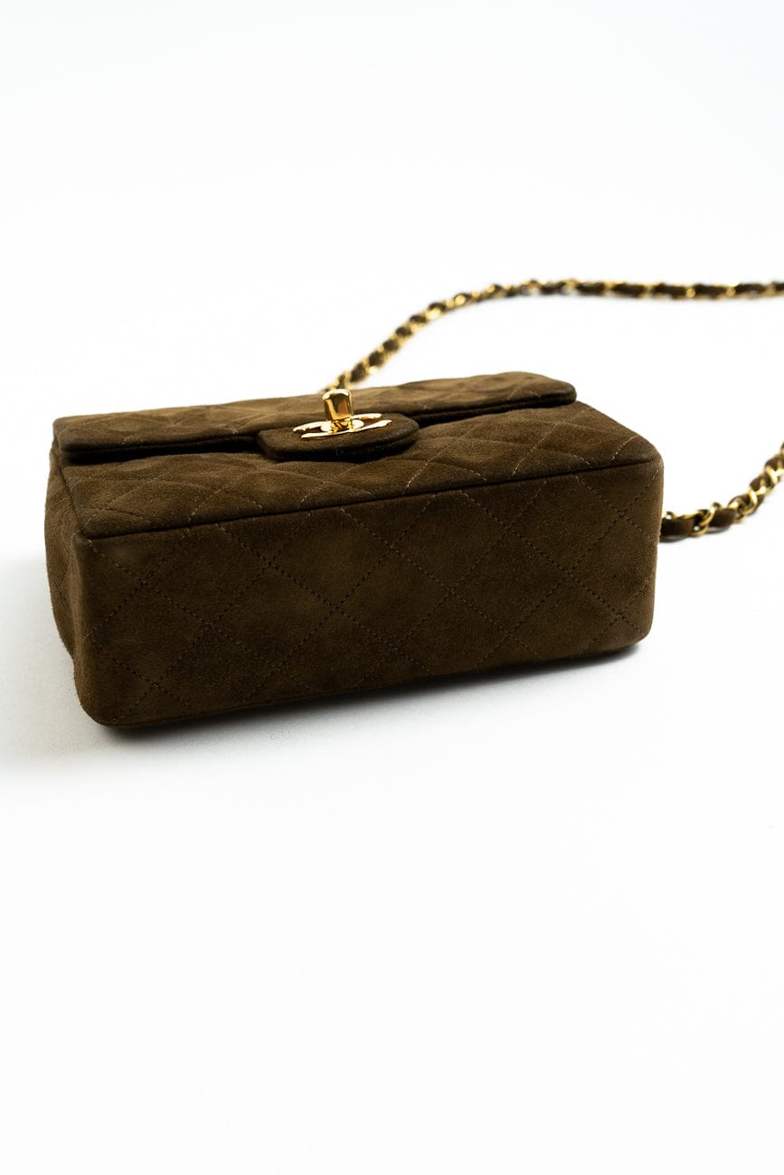 Vintage Brown Suede Quilted Mini Square Flap GHW