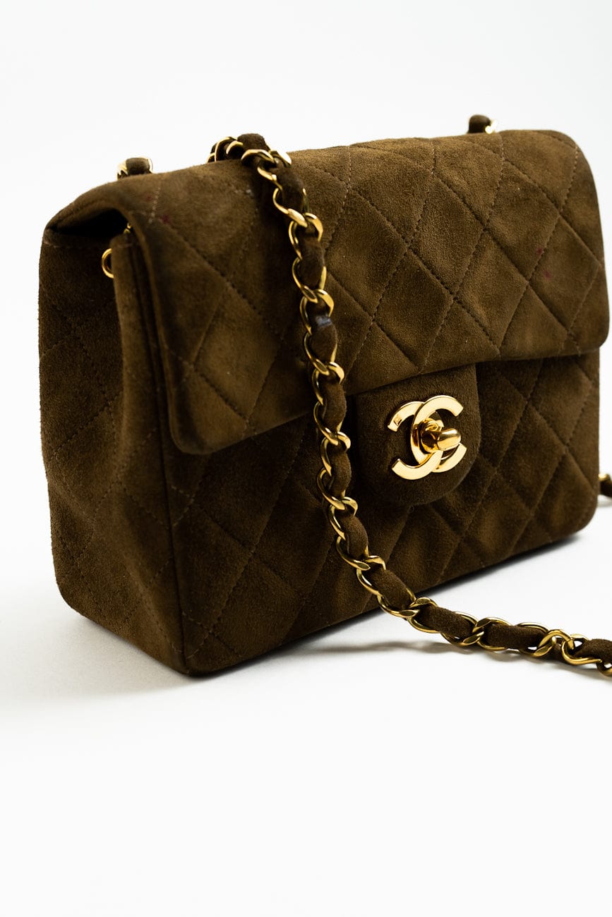 Vintage Brown Suede Quilted Mini Square Flap GHW