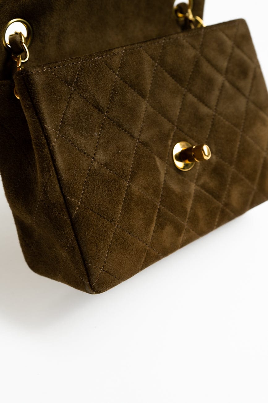 Vintage Brown Suede Quilted Mini Square Flap GHW