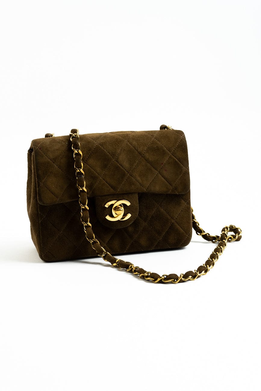 Vintage Brown Suede Quilted Mini Square Flap GHW