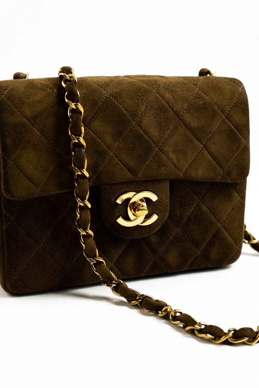 Vintage Brown Suede Quilted Mini Square Flap GHW