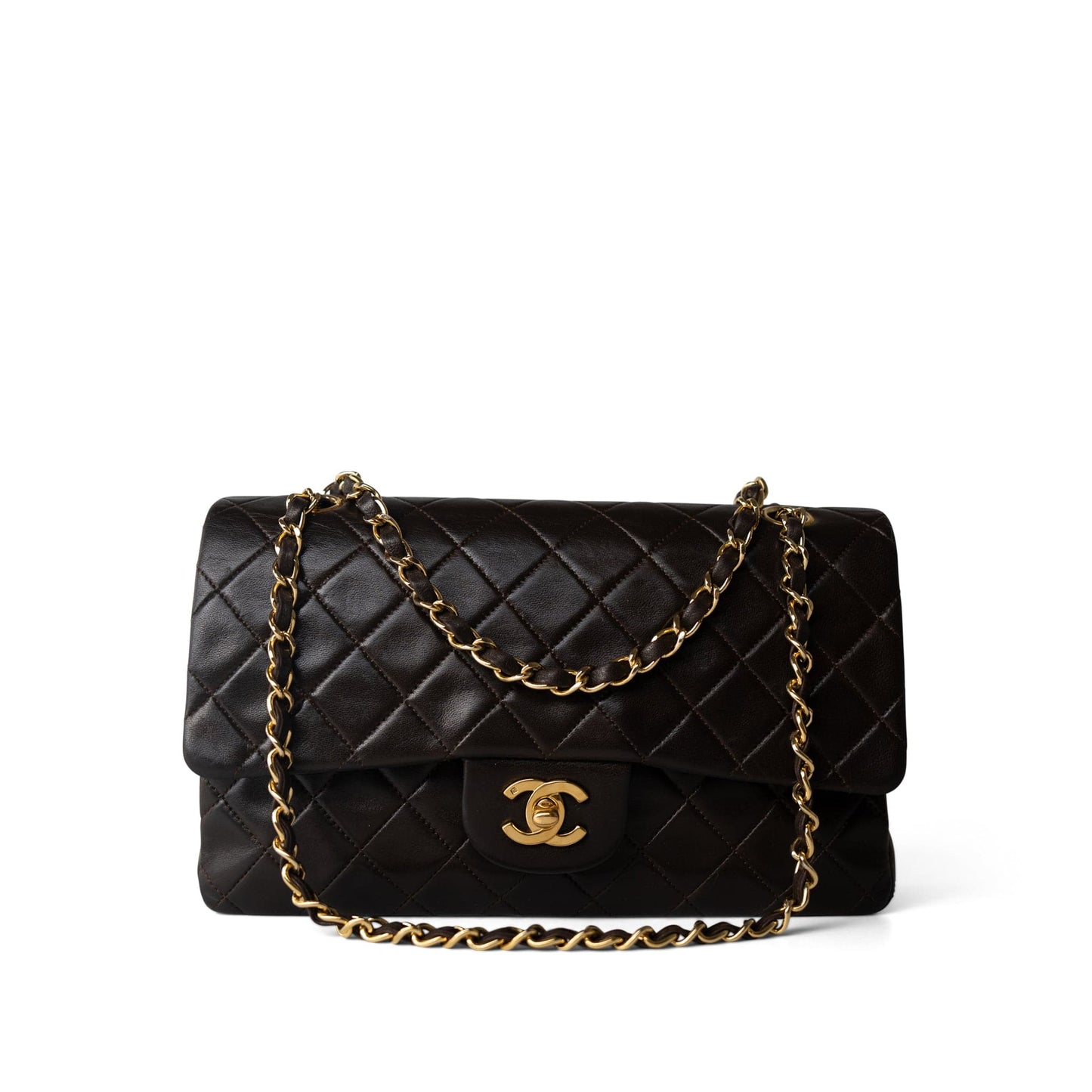 Vintage Dark Brown Lambskin Quilted Classic Flap Medium Gold Hardware