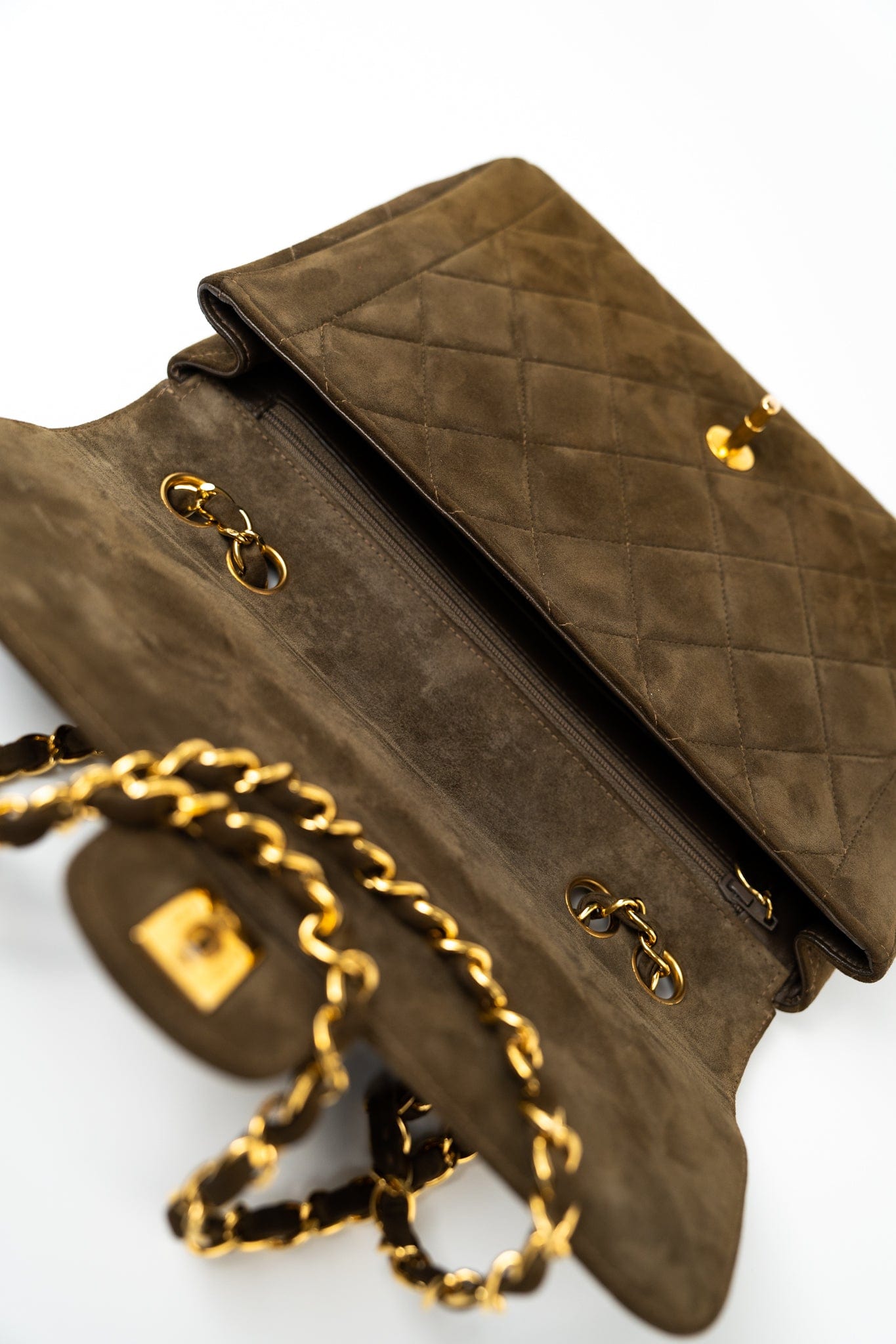 Vintage Matelasse Brown Suede Quilted Single Flap Gold Hardware