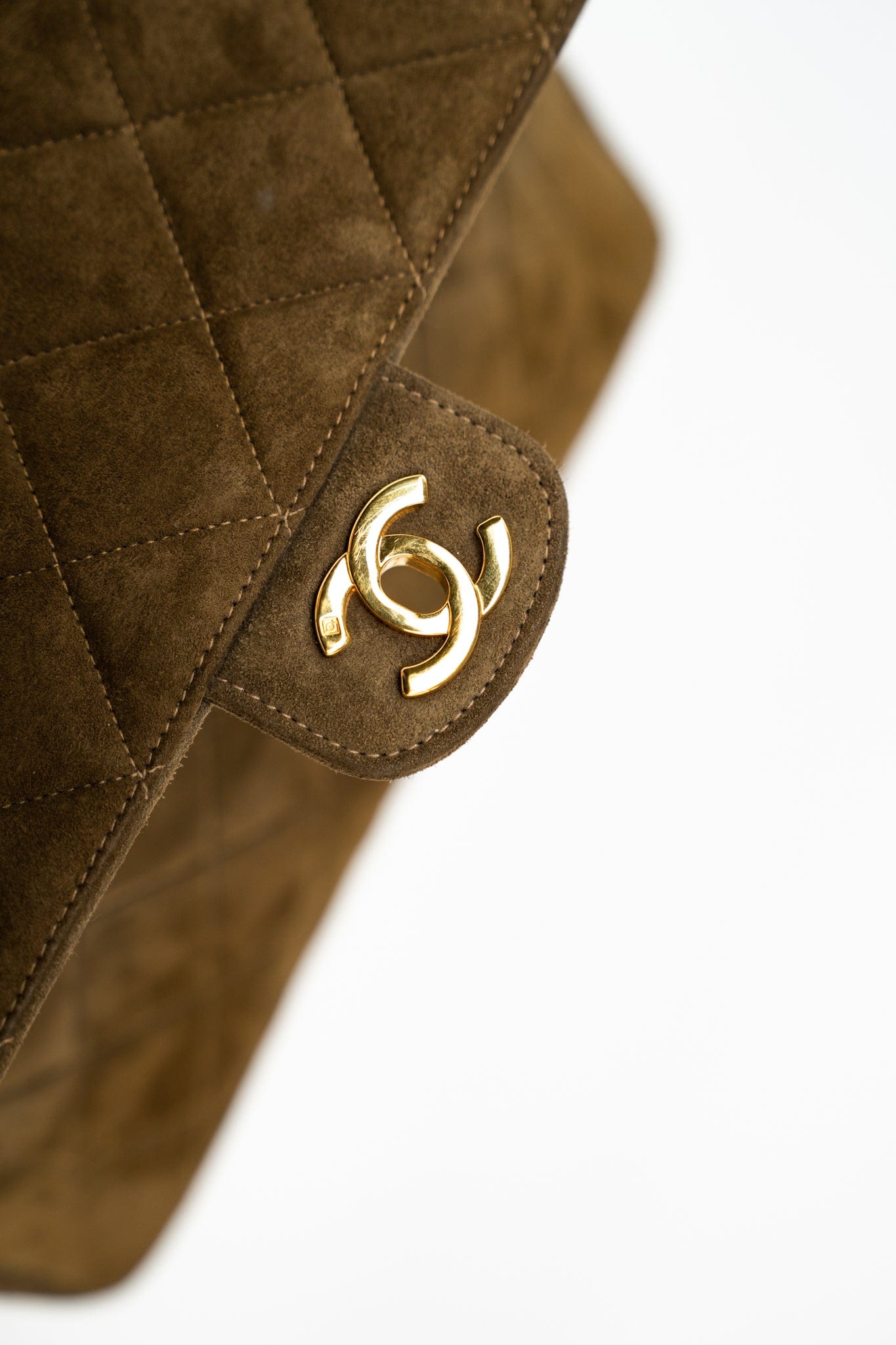 Vintage Matelasse Brown Suede Quilted Single Flap Gold Hardware