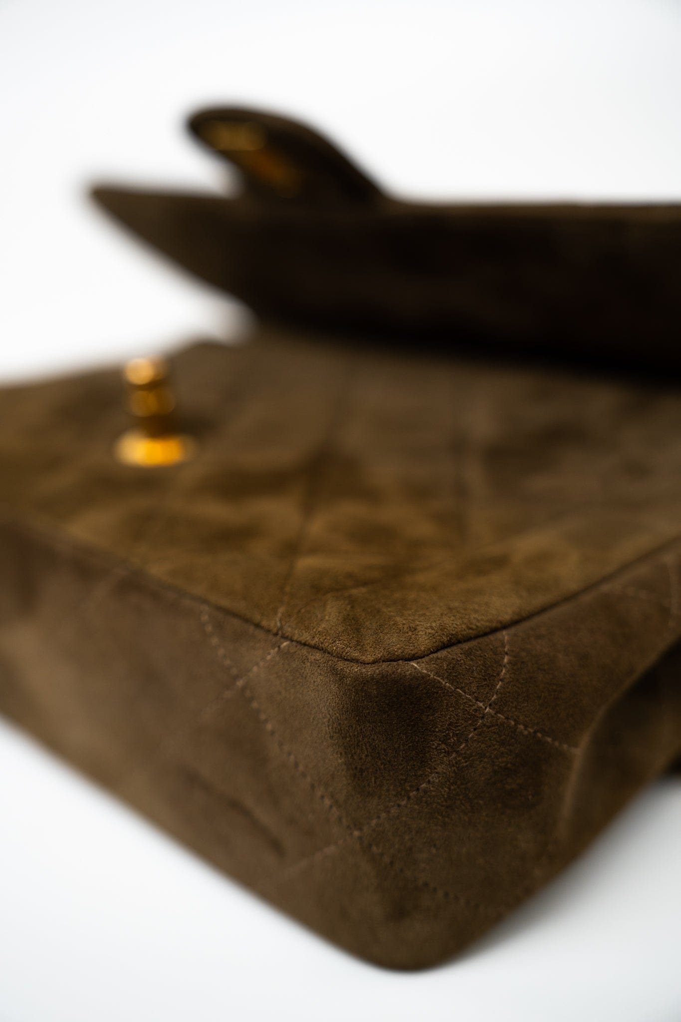 Vintage Matelasse Brown Suede Quilted Single Flap Gold Hardware