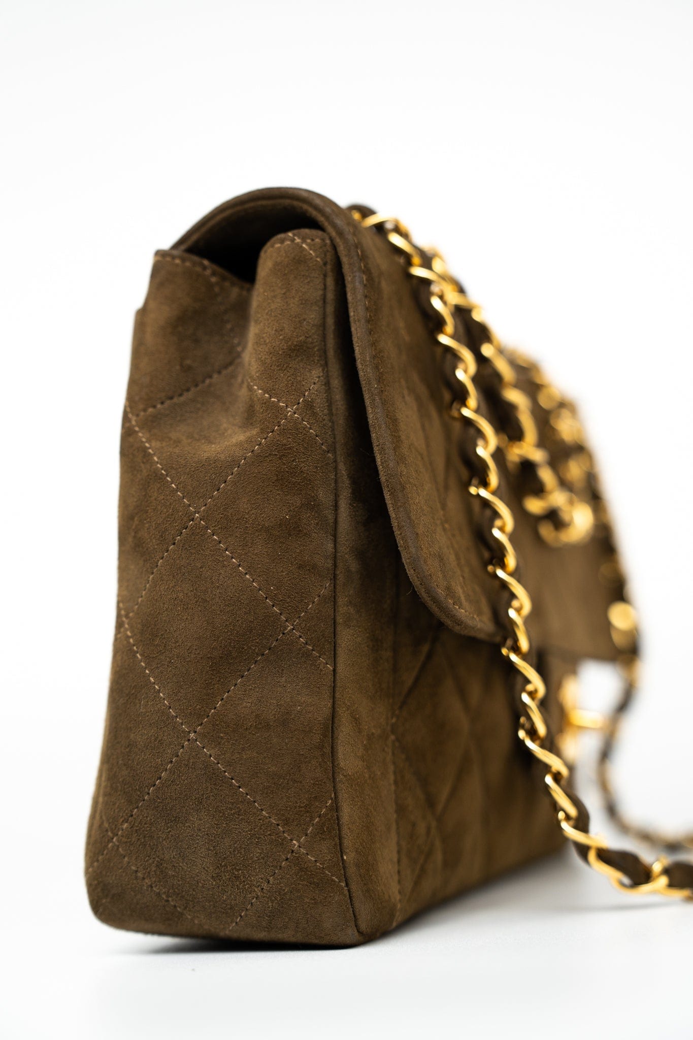 Vintage Matelasse Brown Suede Quilted Single Flap Gold Hardware