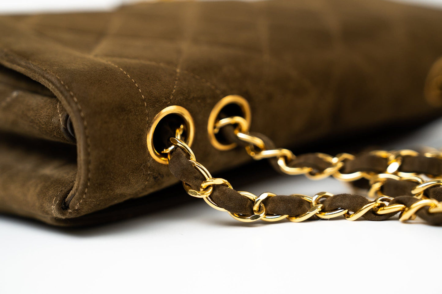 Vintage Matelasse Brown Suede Quilted Single Flap Gold Hardware