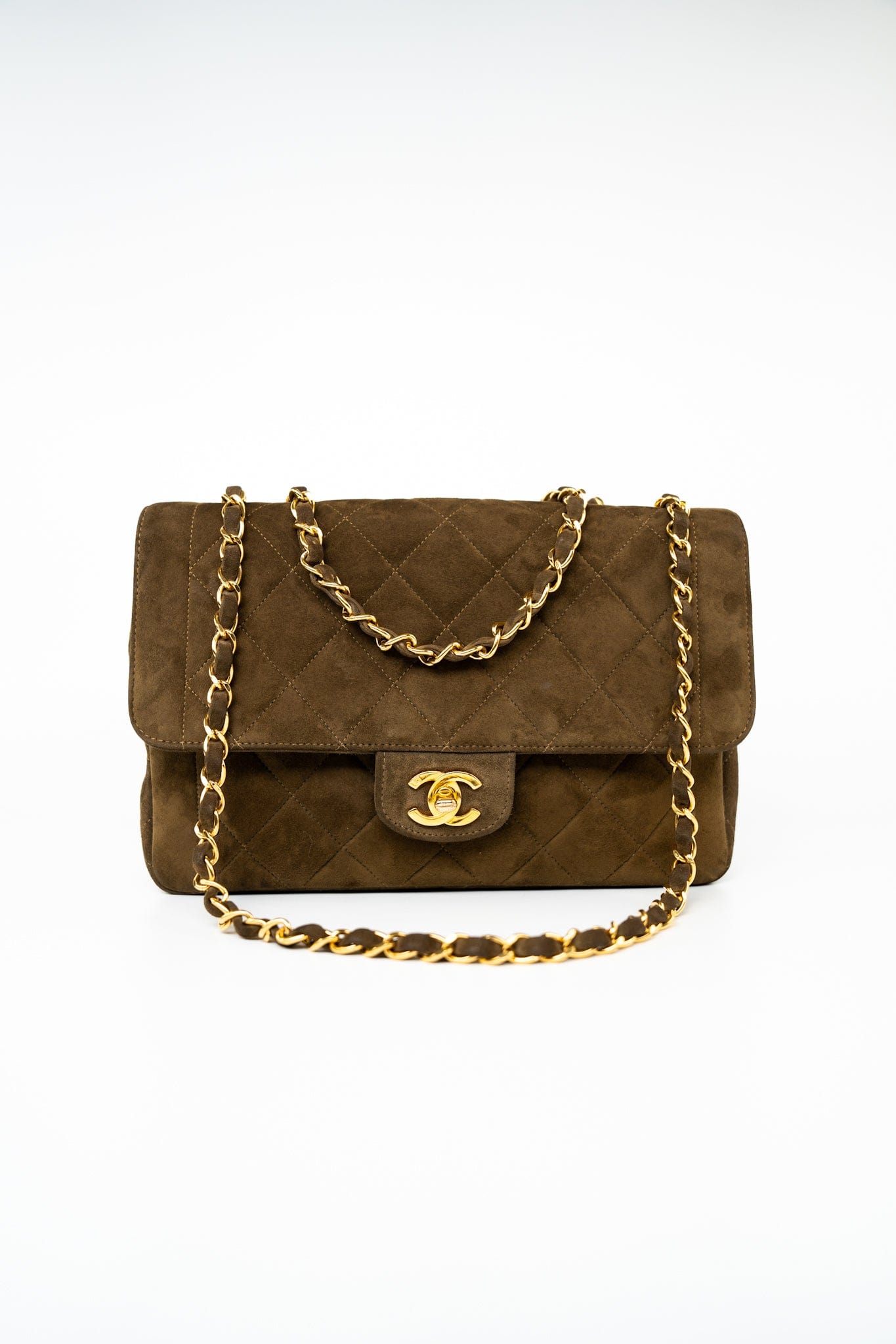 Vintage Matelasse Brown Suede Quilted Single Flap Gold Hardware