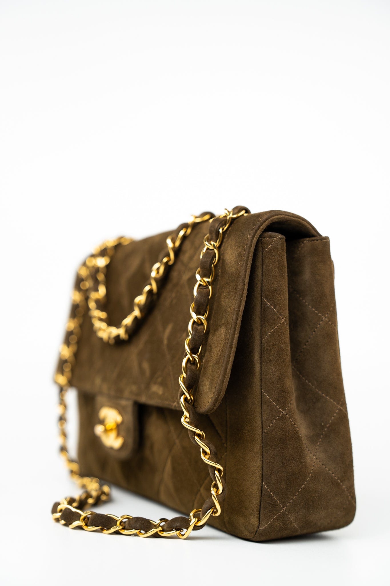 Vintage Matelasse Brown Suede Quilted Single Flap Gold Hardware