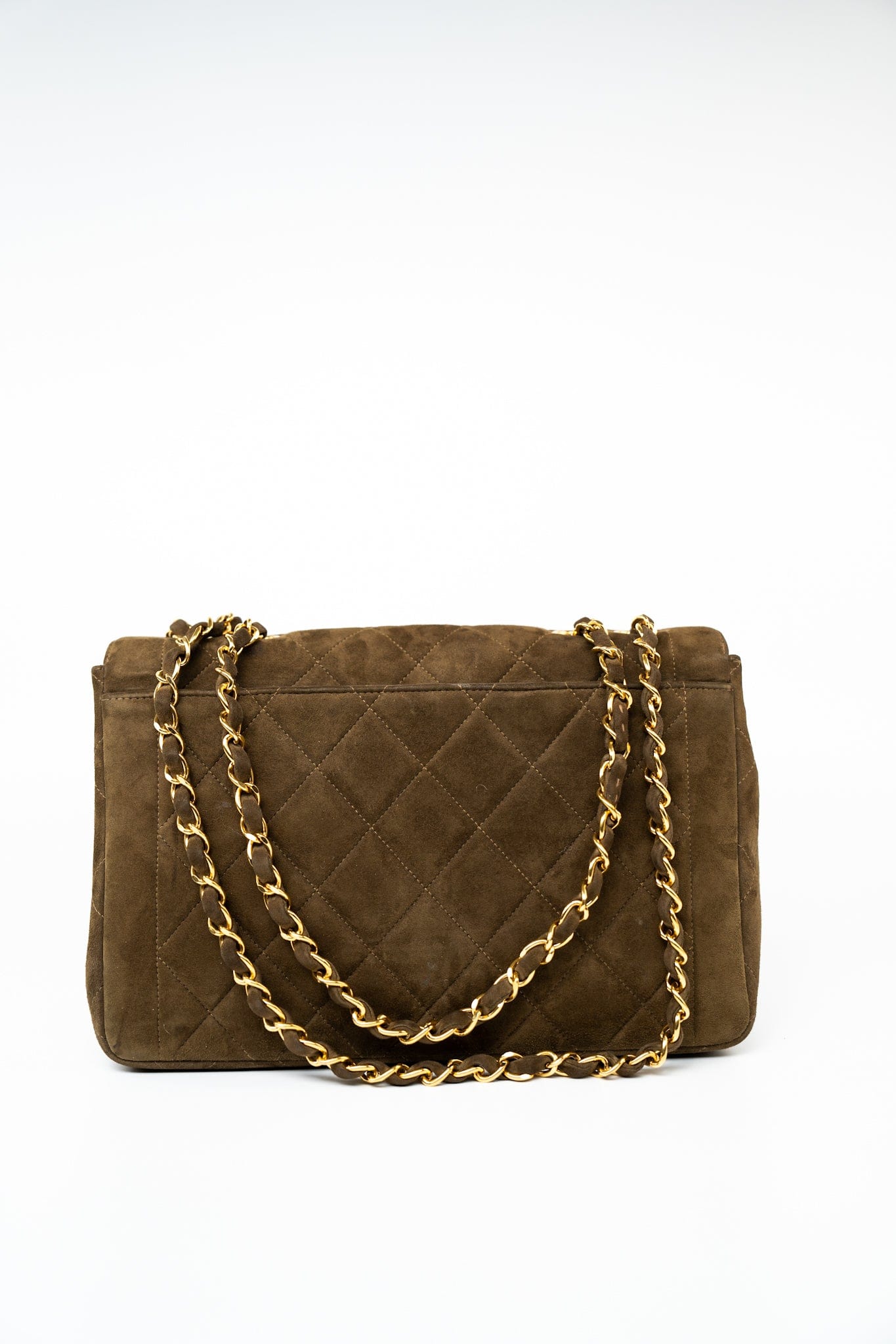 Vintage Matelasse Brown Suede Quilted Single Flap Gold Hardware