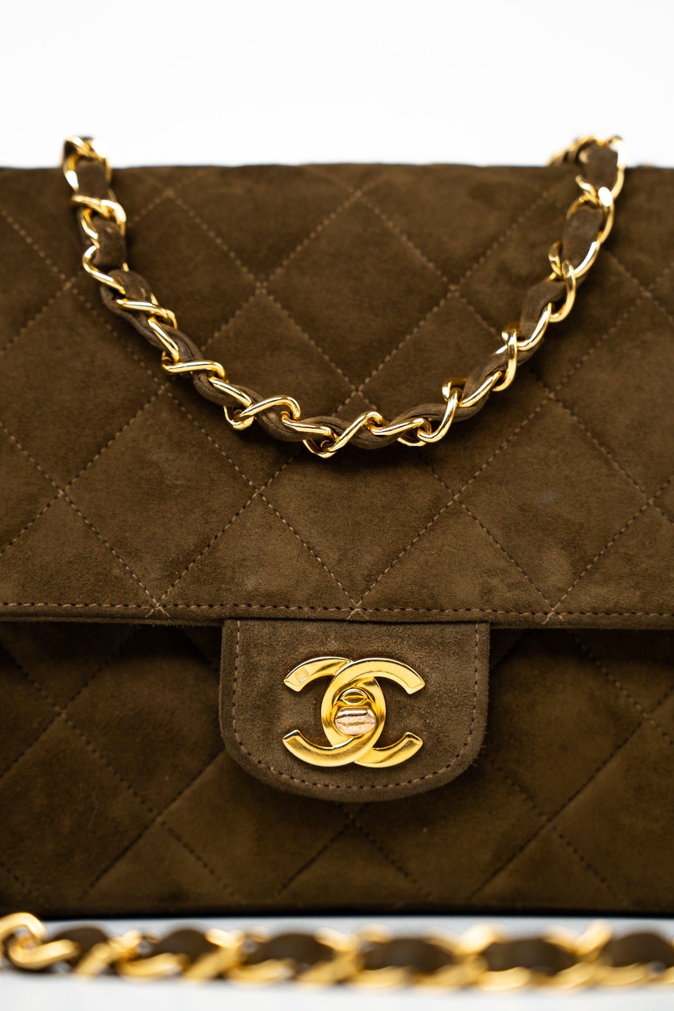 Vintage Matelasse Brown Suede Quilted Single Flap Gold Hardware