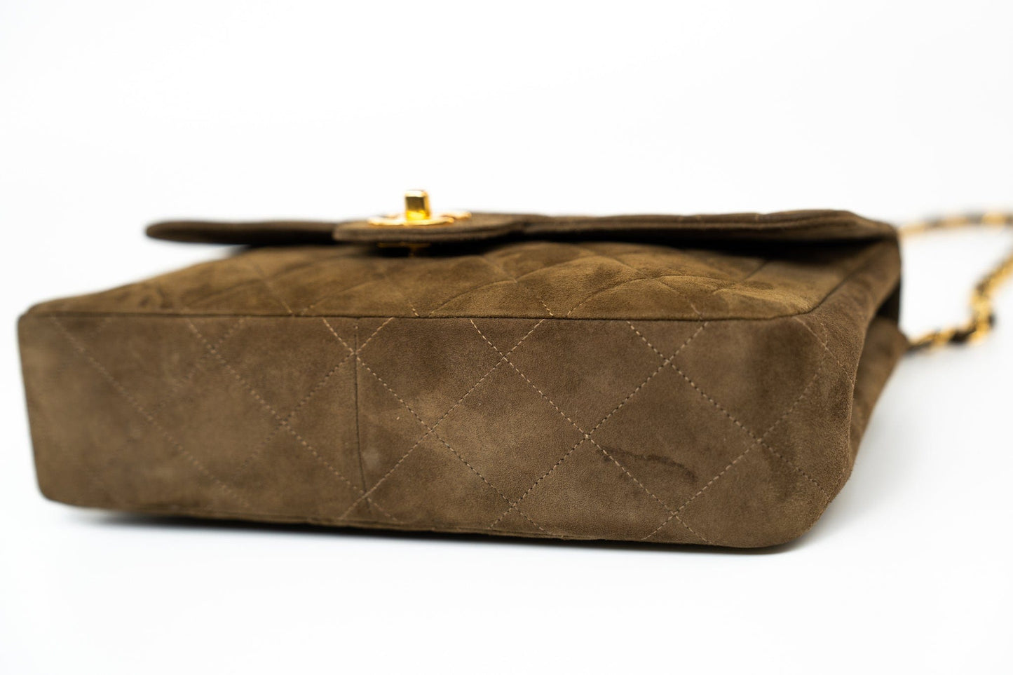 Vintage Matelasse Brown Suede Quilted Single Flap Gold Hardware