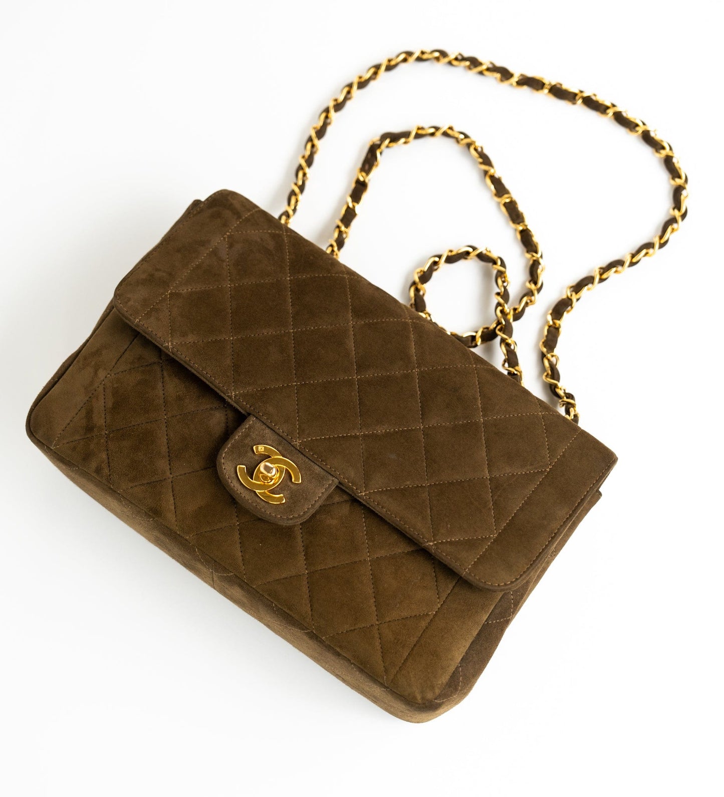 Vintage Matelasse Brown Suede Quilted Single Flap Gold Hardware