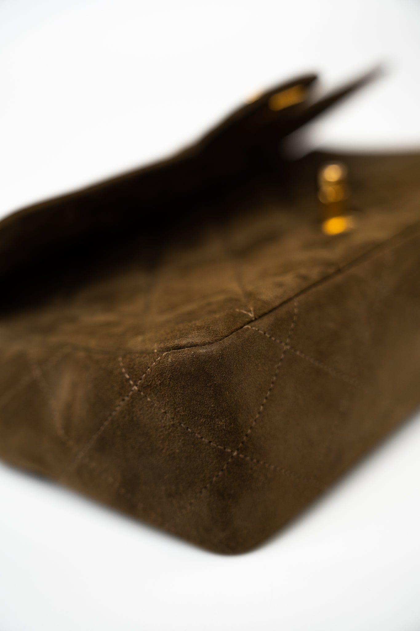 Vintage Matelasse Brown Suede Quilted Single Flap Gold Hardware