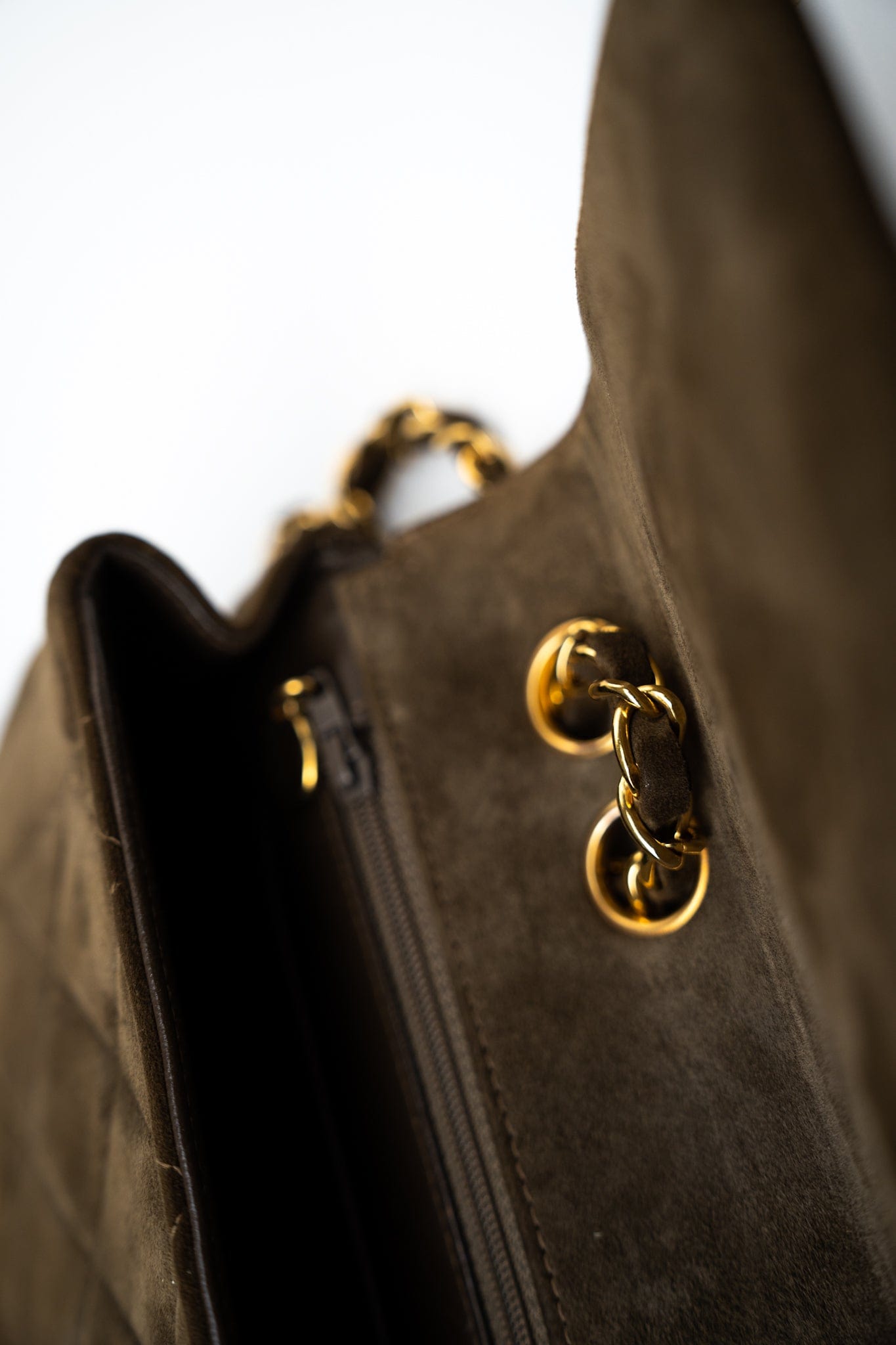 Vintage Matelasse Brown Suede Quilted Single Flap Gold Hardware