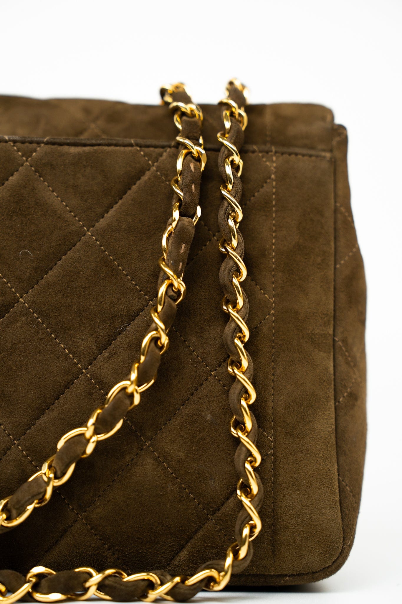 Vintage Matelasse Brown Suede Quilted Single Flap Gold Hardware