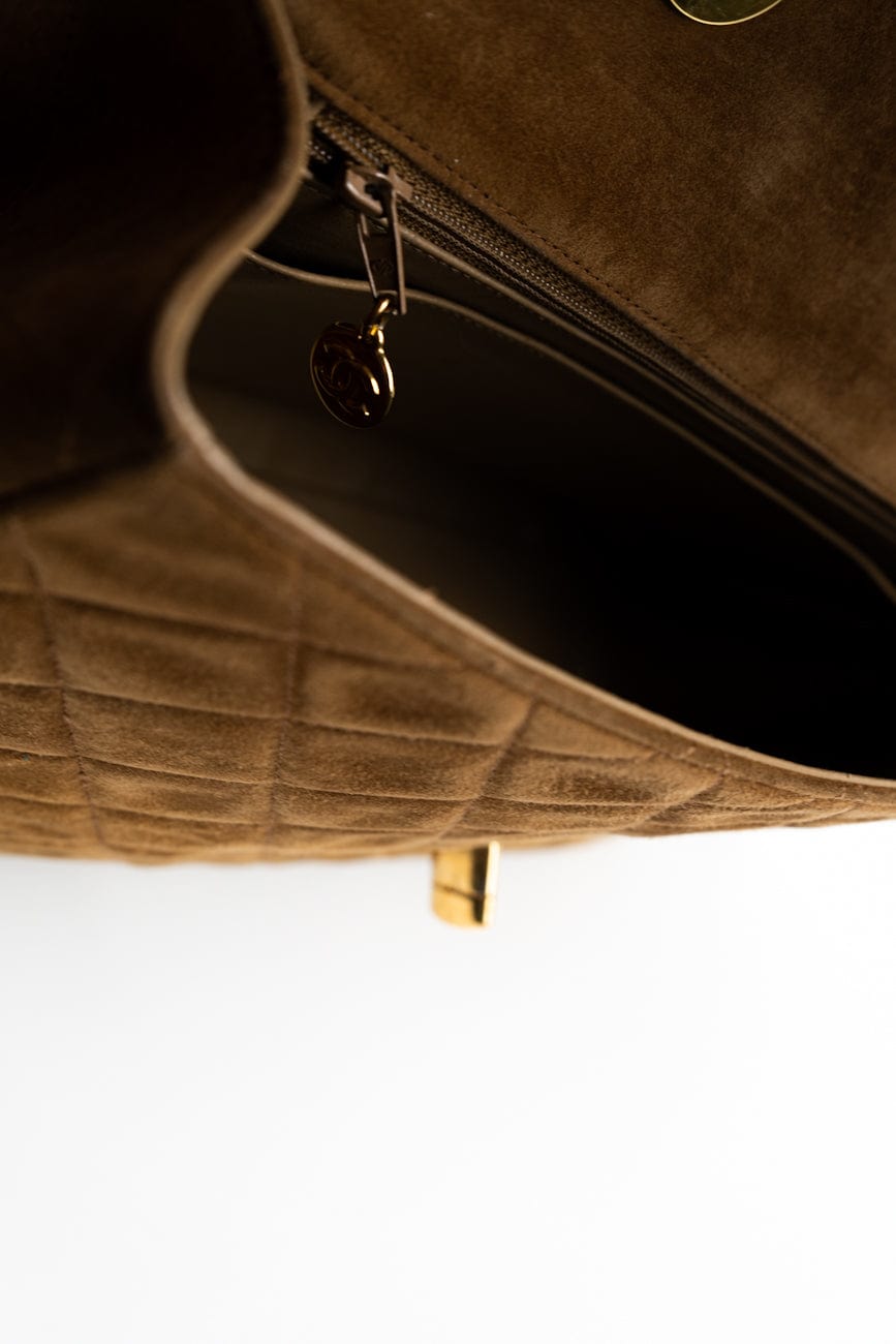 Vintage Tan/Brown Suede Quilted Jumbo XL Single Flap 24k GHW