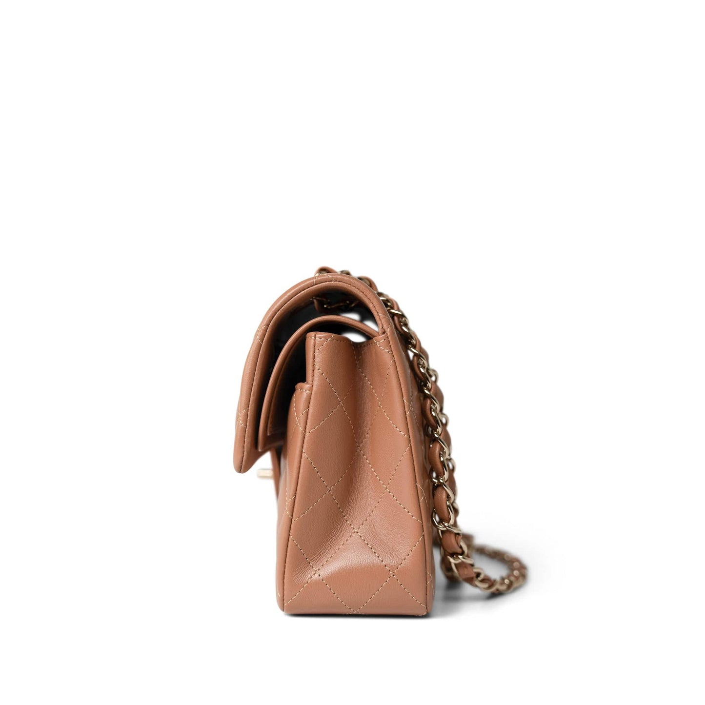 22S Caramel Lambskin Quilted Classic Flap Small Light Gold Hardware