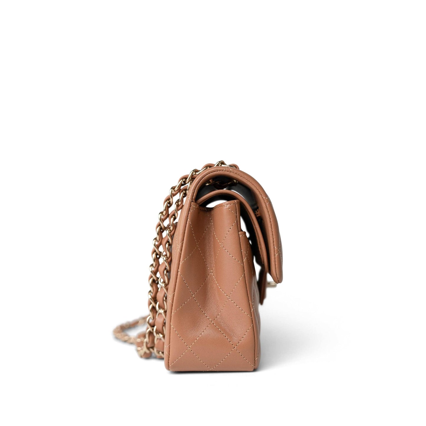 22S Caramel Lambskin Quilted Classic Flap Small Light Gold Hardware