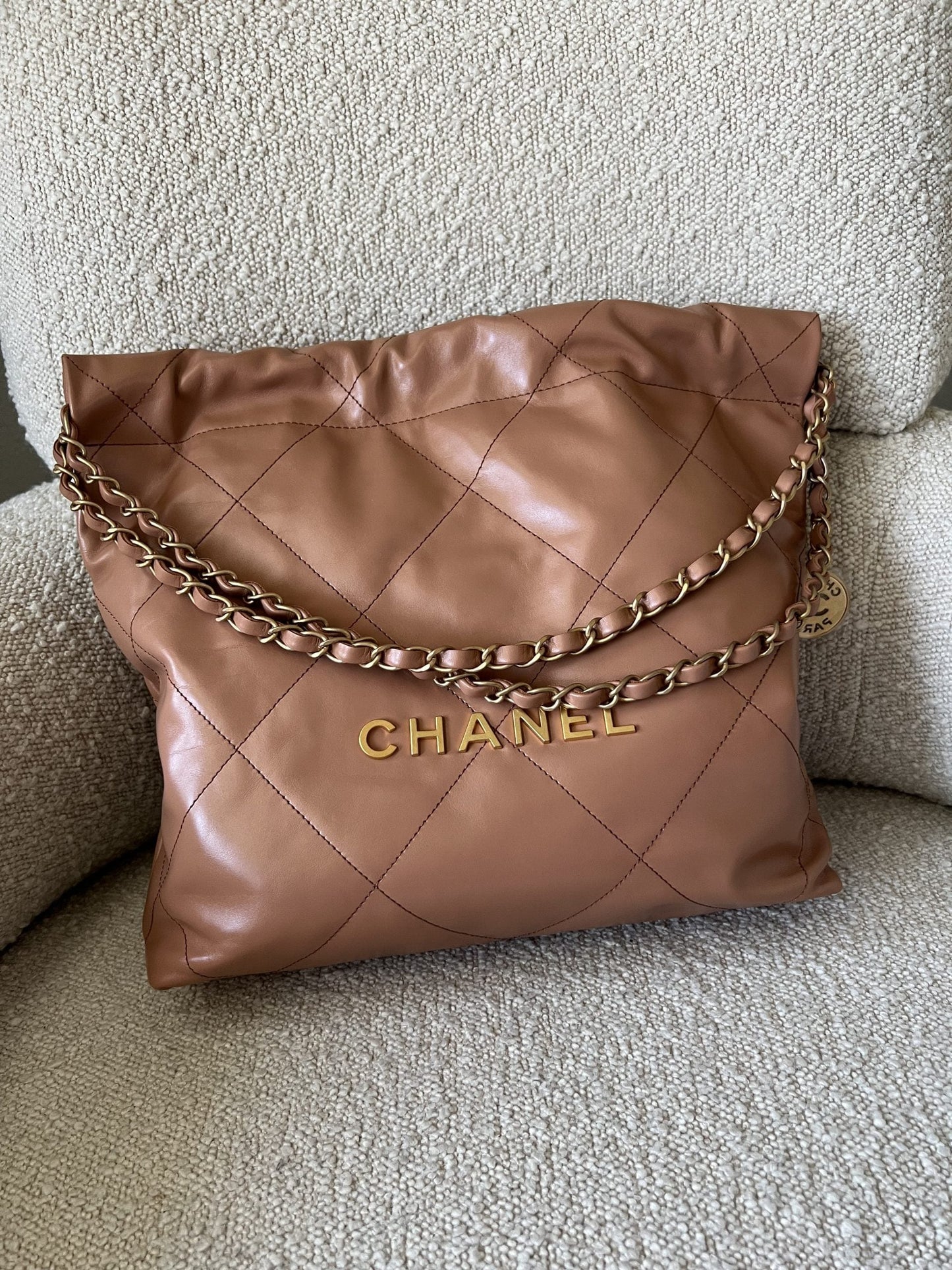 Caramel Shiny Calfskin Quilted 22 Drawstring Bag Small GHW