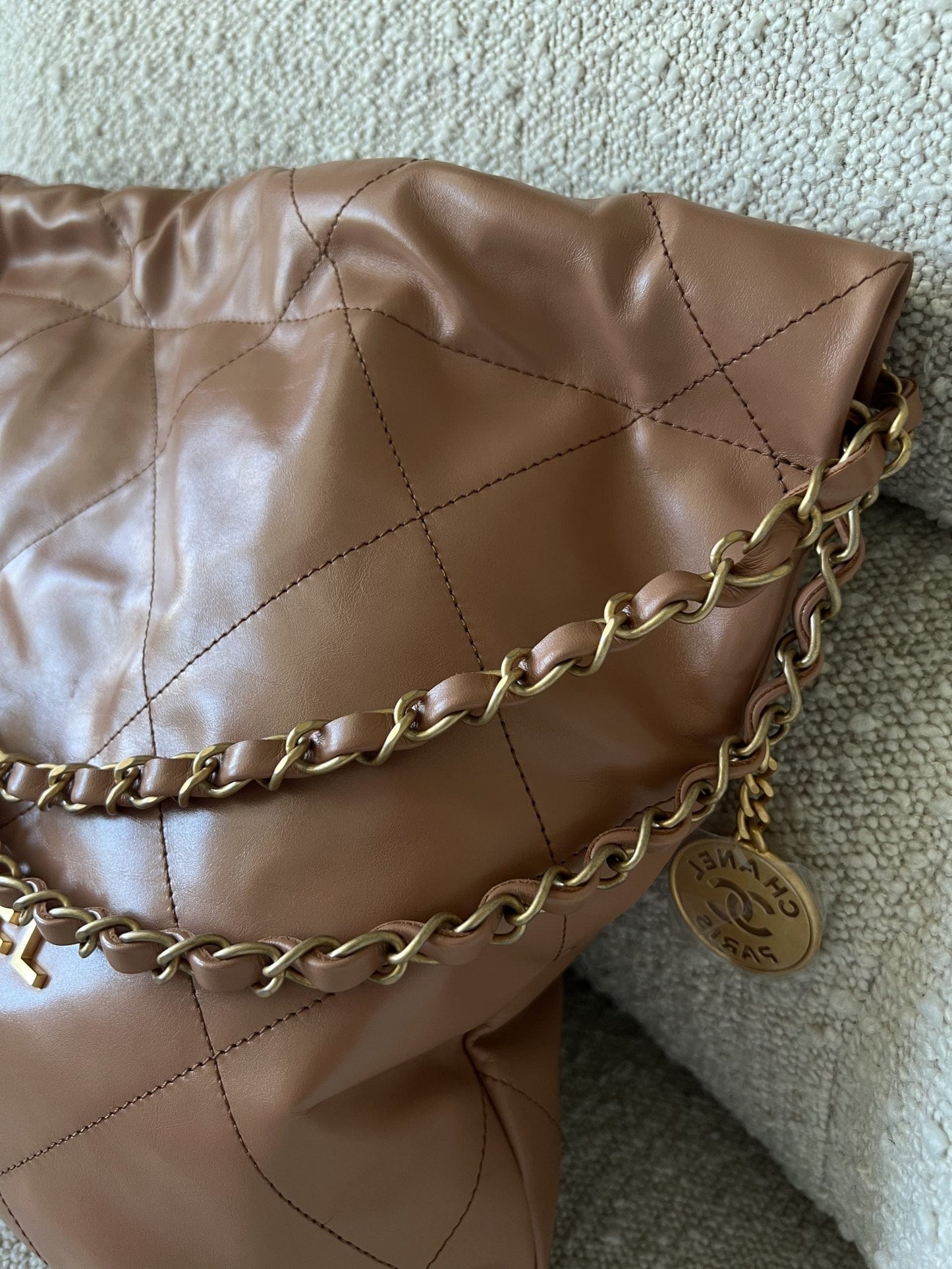 Caramel Shiny Calfskin Quilted 22 Drawstring Bag Small GHW