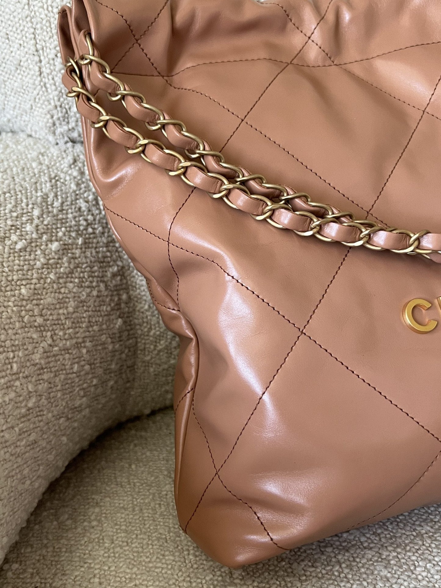 Caramel Shiny Calfskin Quilted 22 Drawstring Bag Small GHW