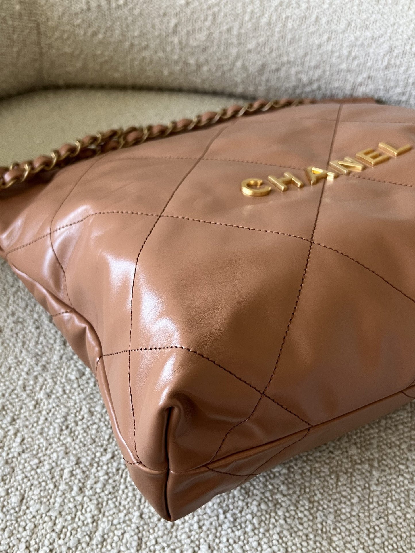Caramel Shiny Calfskin Quilted 22 Drawstring Bag Small GHW
