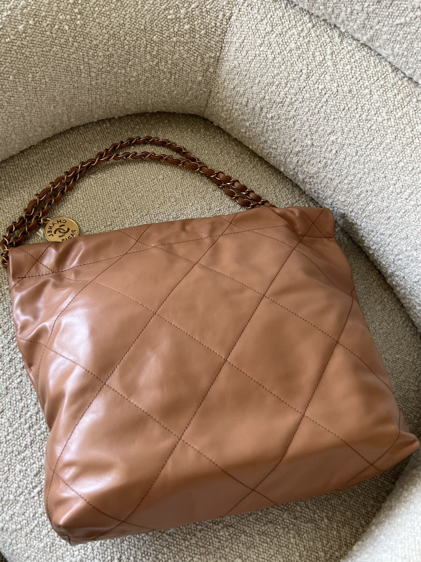 Caramel Shiny Calfskin Quilted 22 Drawstring Bag Small GHW