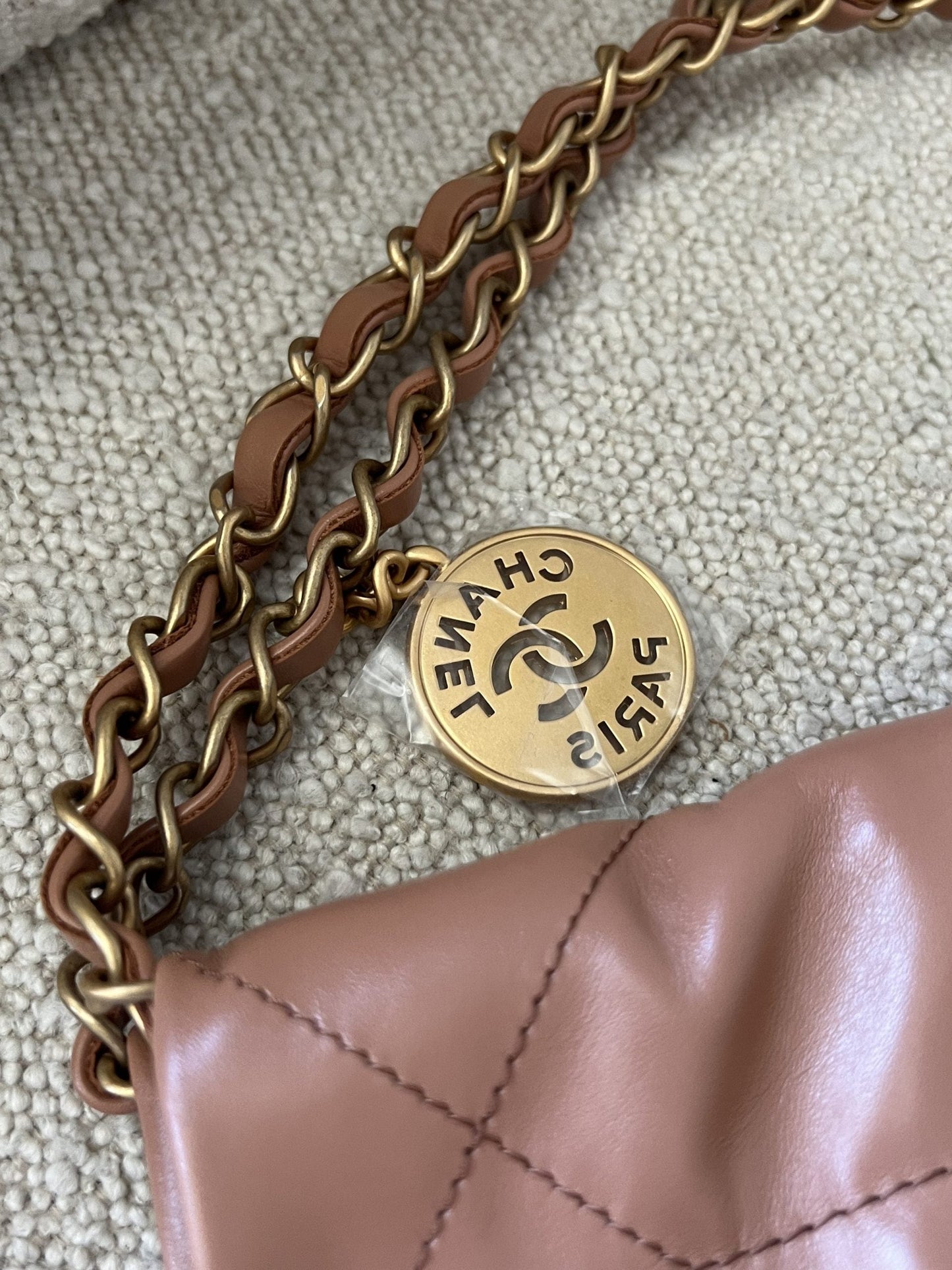 Caramel Shiny Calfskin Quilted 22 Drawstring Bag Small GHW