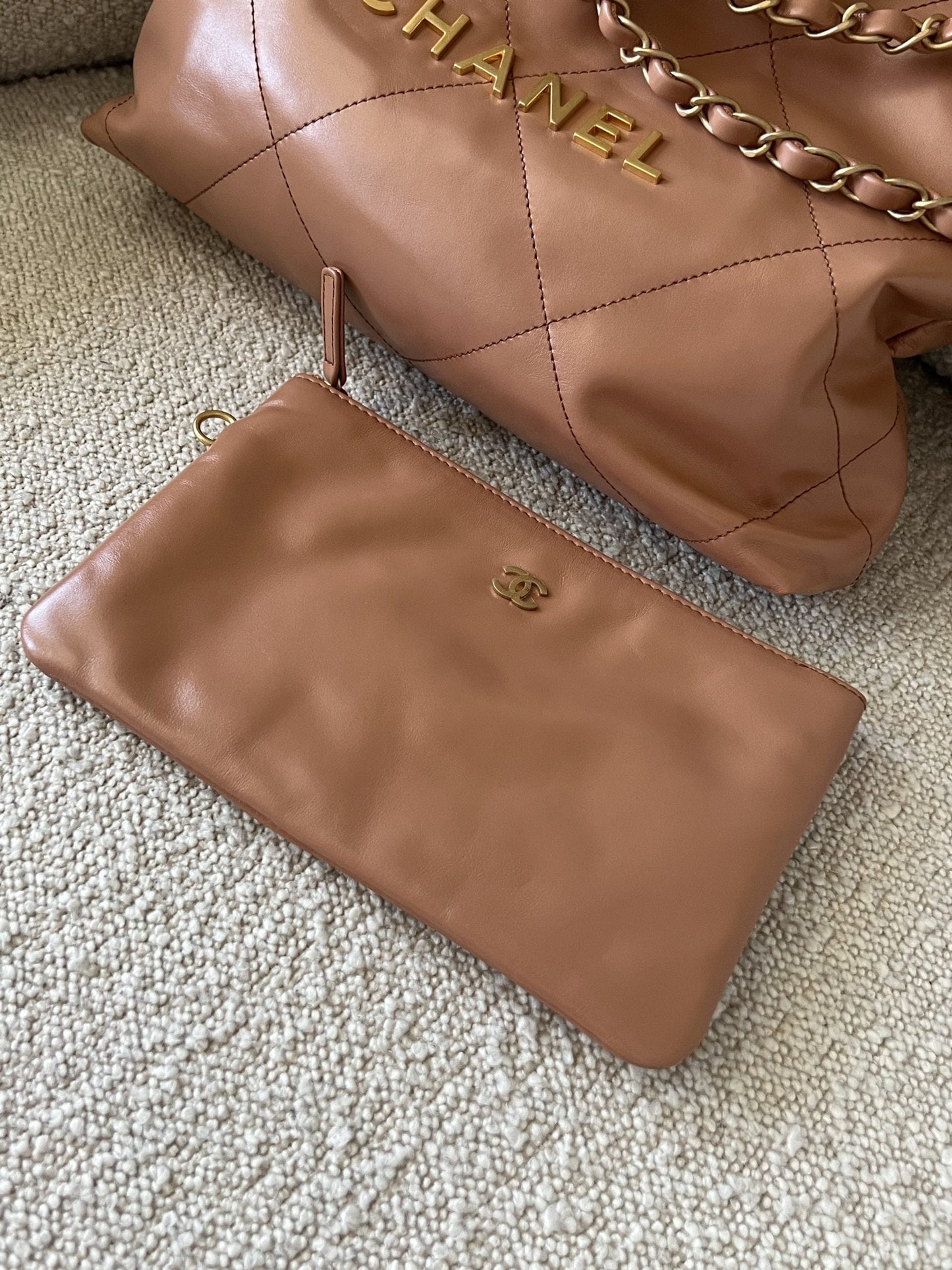 Caramel Shiny Calfskin Quilted 22 Drawstring Bag Small GHW