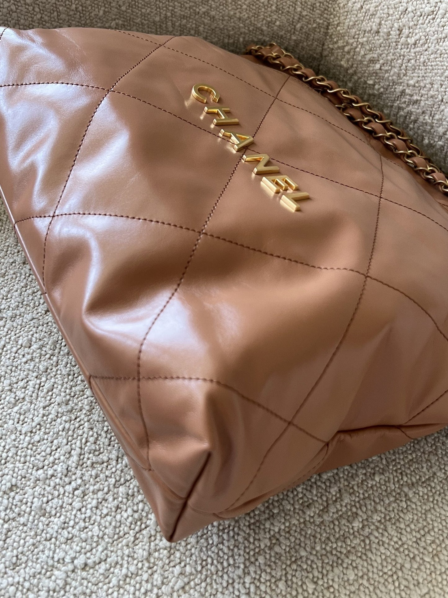 Caramel Shiny Calfskin Quilted 22 Drawstring Bag Small GHW
