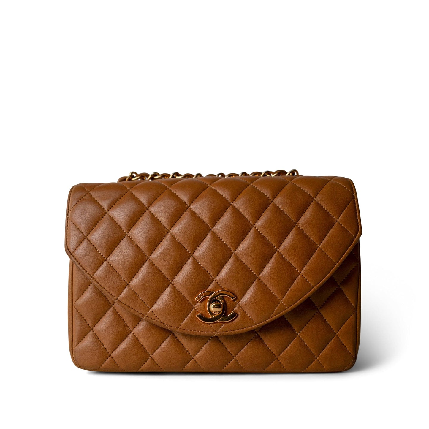 Vintage Caramel Lambskin Quilted Half Moon Flap Gold Hardware