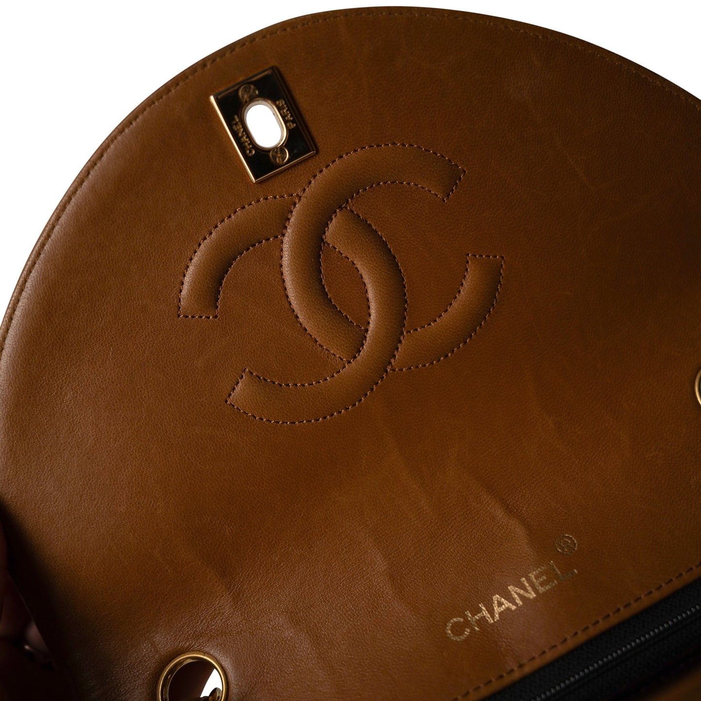 Vintage Caramel Lambskin Quilted Half Moon Flap Gold Hardware