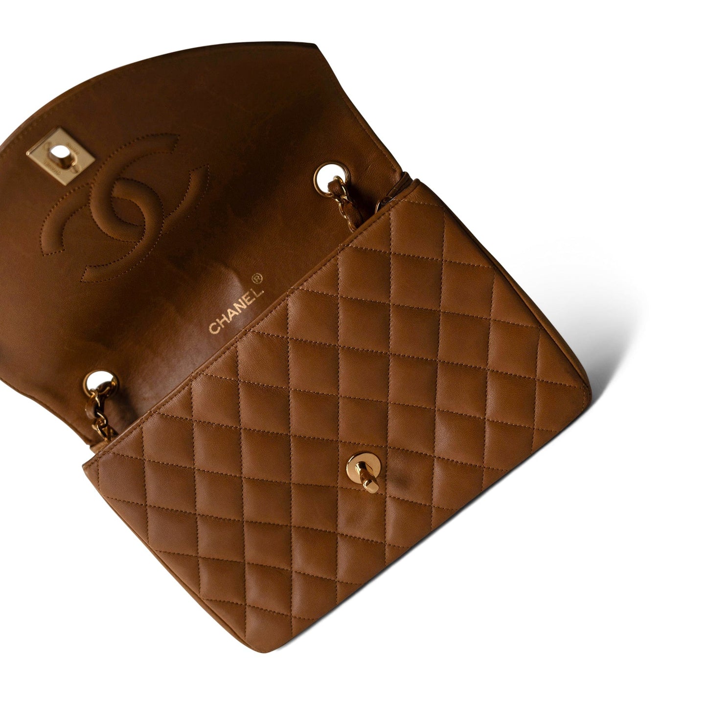 Vintage Caramel Lambskin Quilted Half Moon Flap Gold Hardware