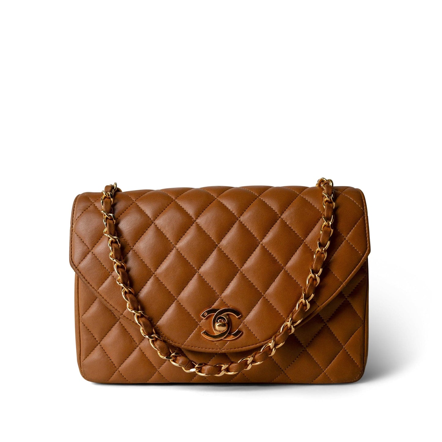 Vintage Caramel Lambskin Quilted Half Moon Flap Gold Hardware