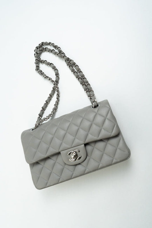 Chanel 19B Grey Lambskin Quilted Classic Flap Small SHW