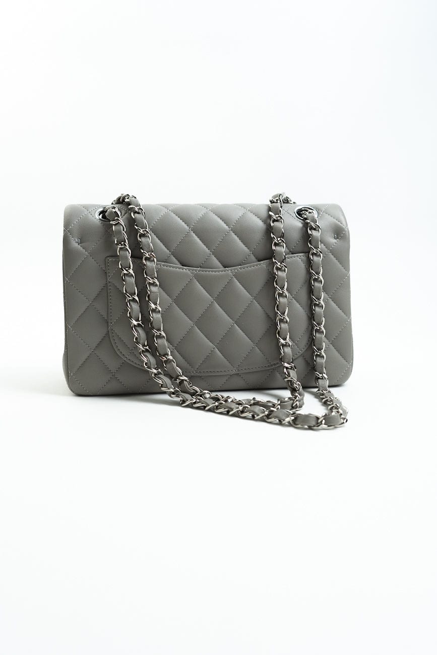 Chanel 19B Grey Lambskin Quilted Classic Flap Small SHW