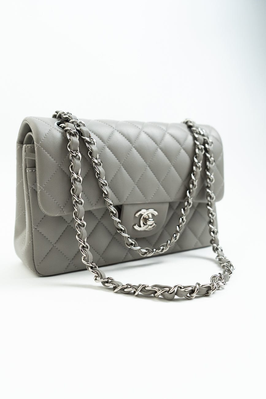 Chanel 19B Grey Lambskin Quilted Classic Flap Small SHW