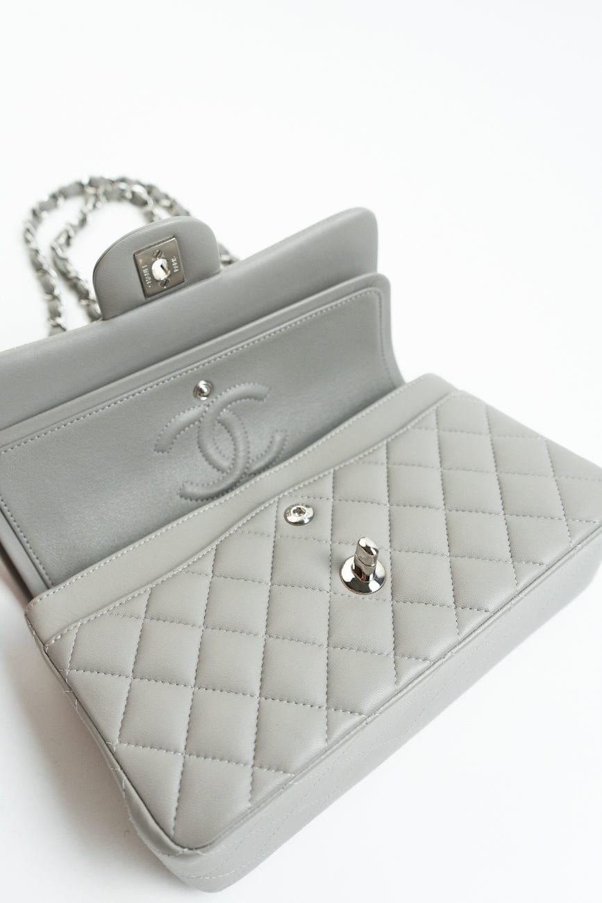Chanel 19B Grey Lambskin Quilted Classic Flap Small SHW