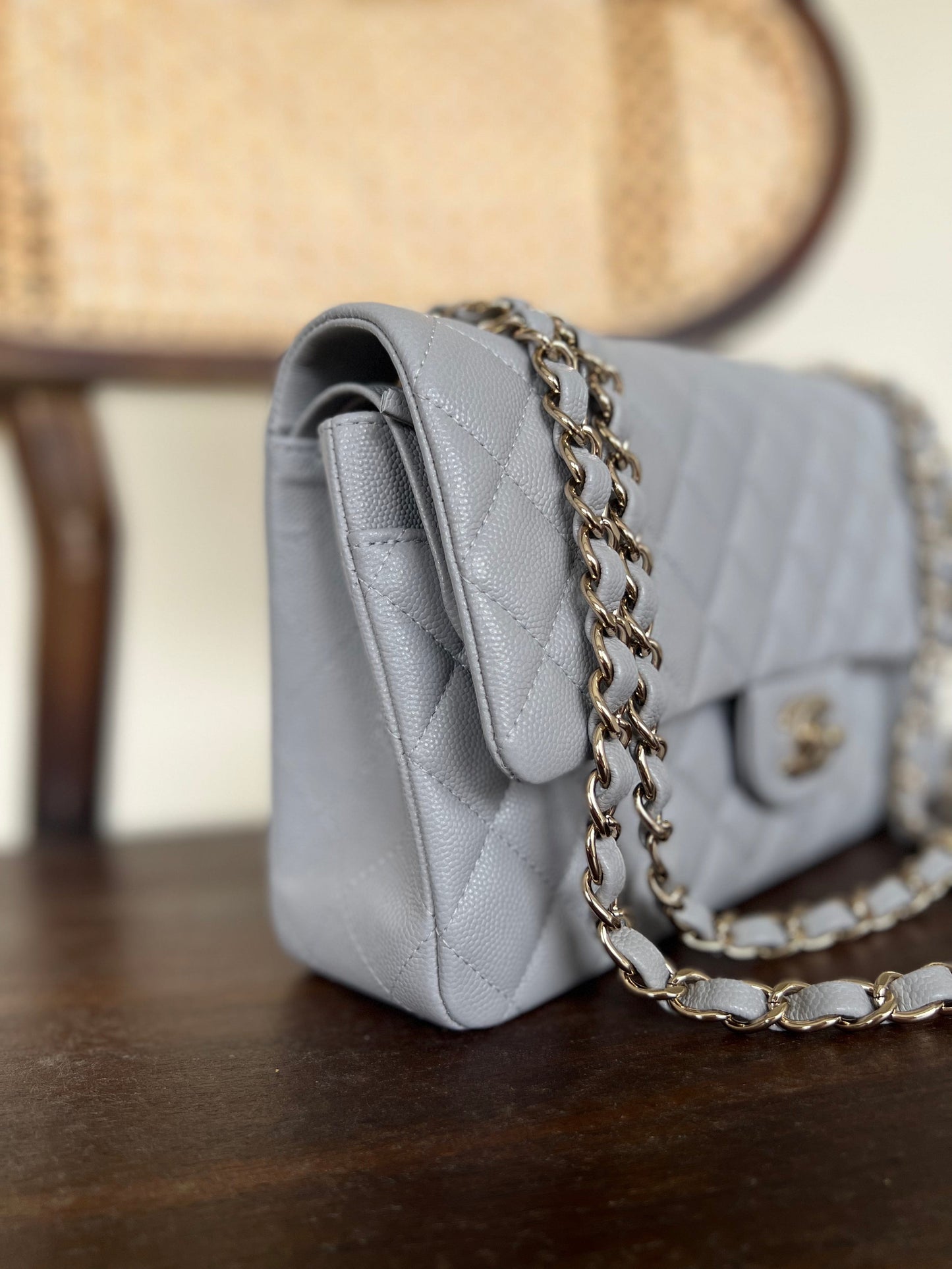 Chanel 21A Grey Caviar Quilted Medium Classic Flap LGHW