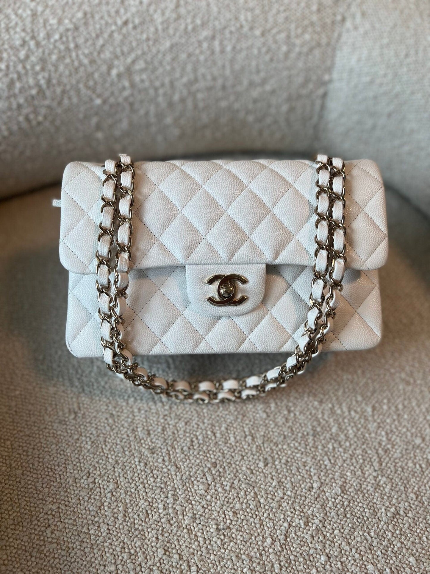 Chanel 21A White Caviar Quilted Classic Flap Small LGHW