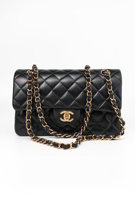 Chanel 21B Small Black Lambskin Quilted Classic Flap Rose Gold Hardware