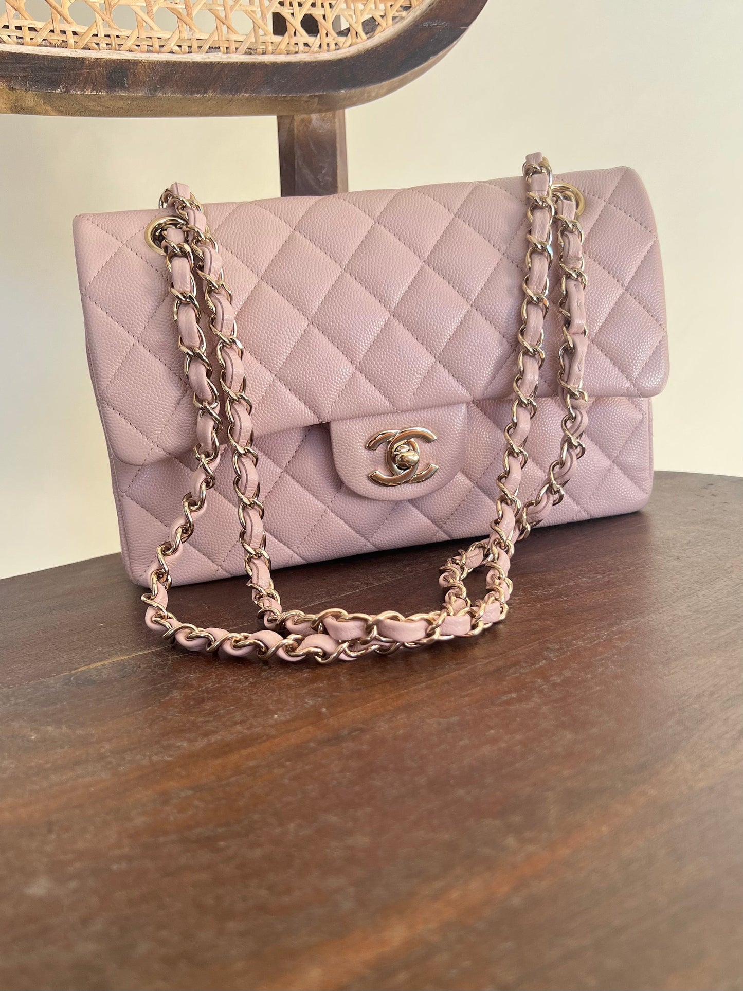 CHANEL 21C LIGHT PINK CAVIAR QUILTED CLASSIC FLAP SMALL LIGHT GOLD HARDWARE
