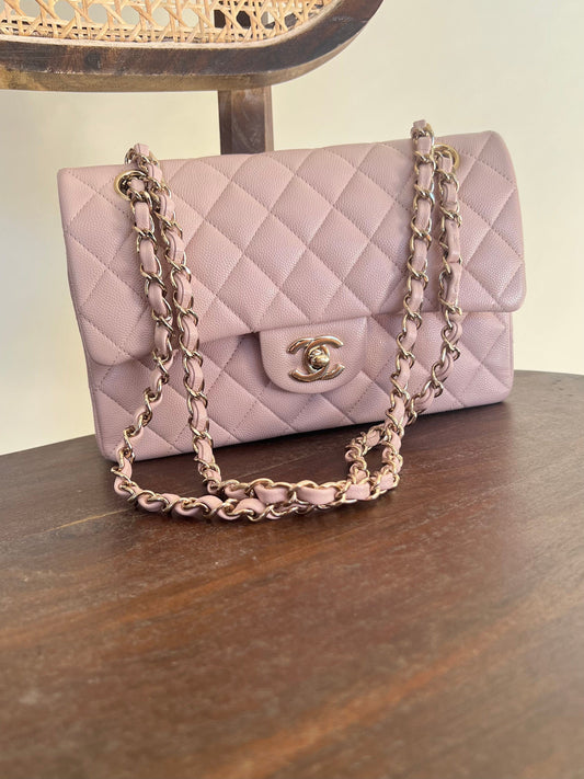 CHANEL 21C LIGHT PINK CAVIAR QUILTED CLASSIC FLAP SMALL LIGHT GOLD HARDWARE