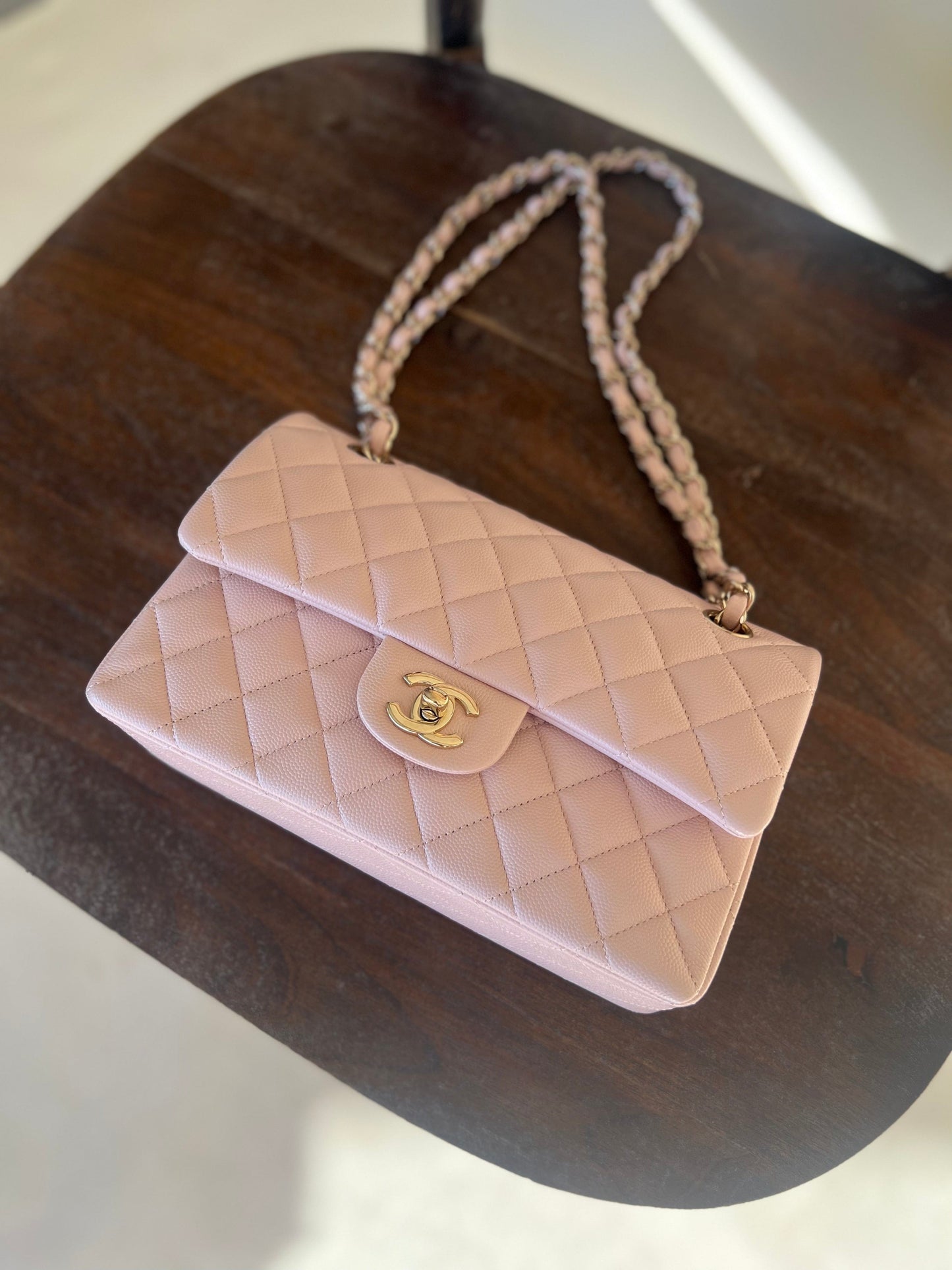 CHANEL 21C LIGHT PINK CAVIAR QUILTED CLASSIC FLAP SMALL LIGHT GOLD HARDWARE