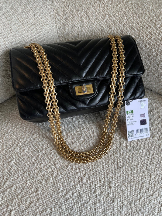 Chanel 21K Reissue 2.55 Black Chevron Aged Calfskin Quilted 225 (Medium) AGHW