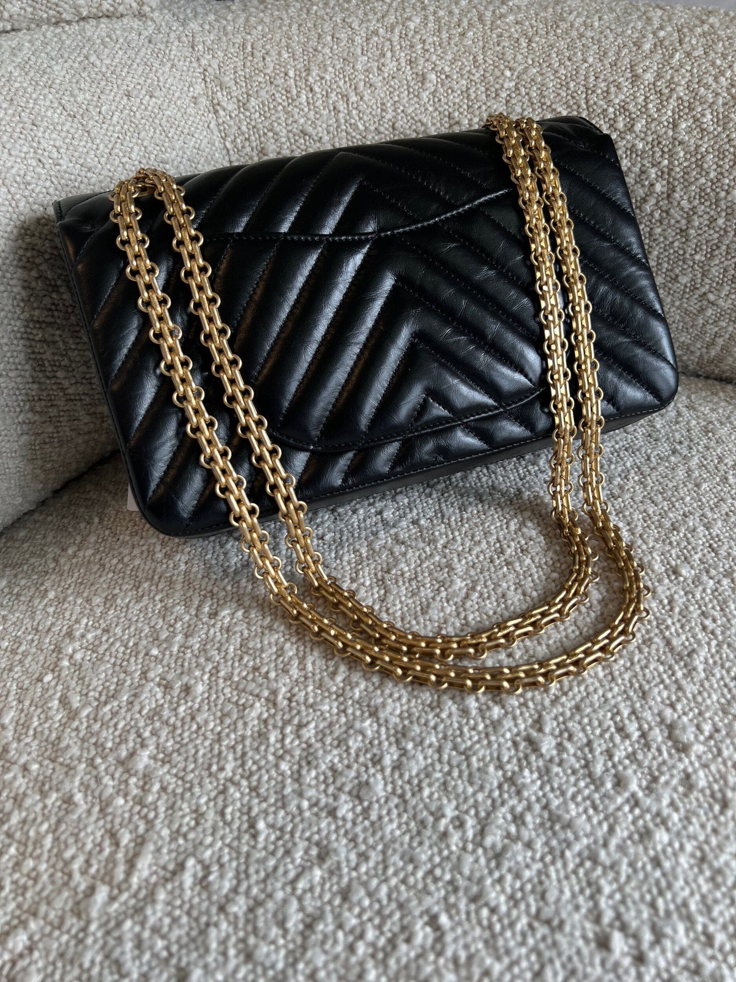 Chanel 21K Reissue 2.55 Black Chevron Aged Calfskin Quilted 225 (Medium) AGHW