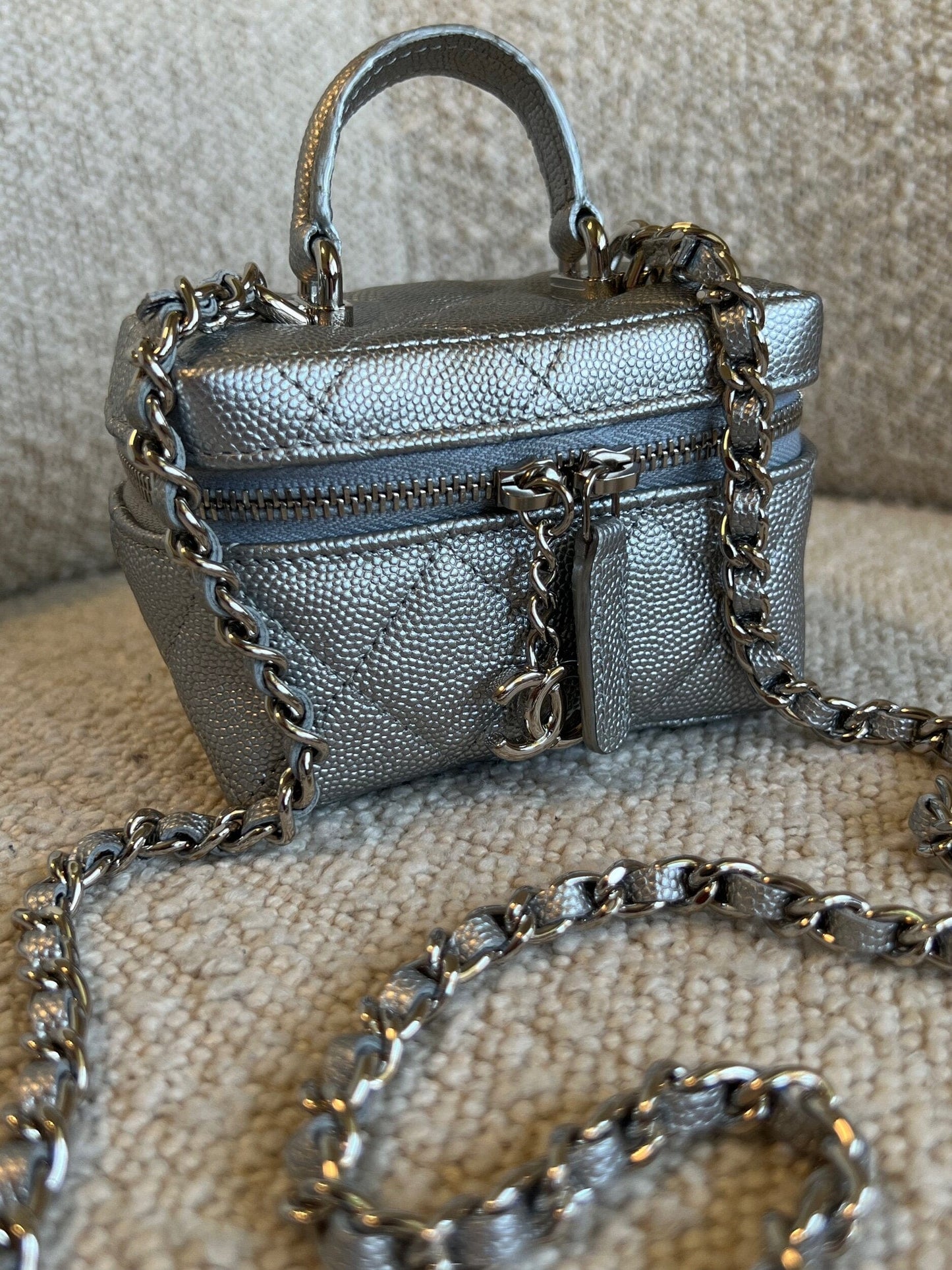 Chanel 21S Metallic Silver Micro Vanity Grained Calfskin SHW